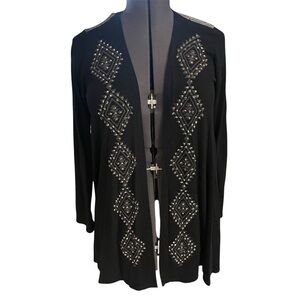 Vocal Rhinestone Black & Grey Long Cardigan Sweater Made in USA Sz M